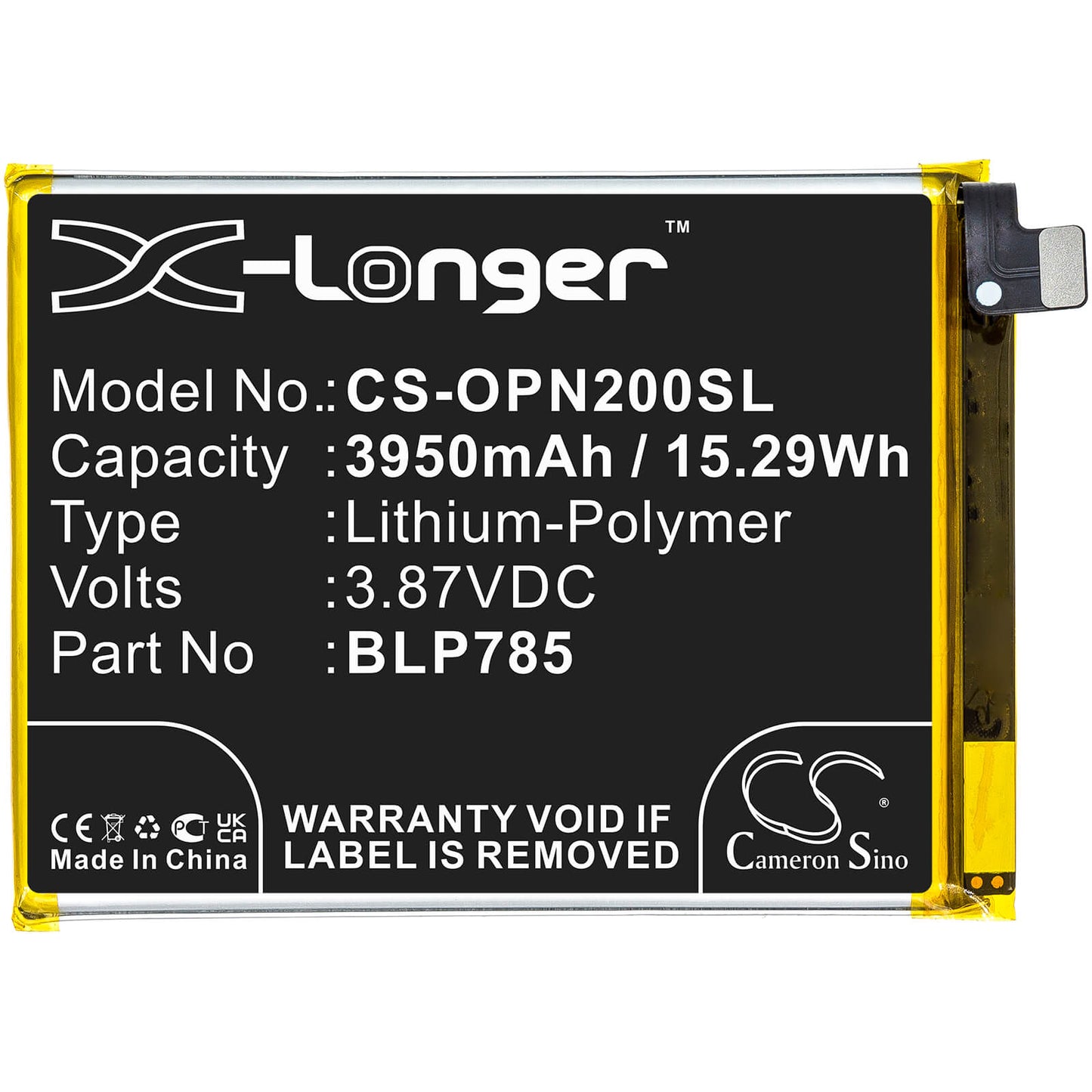 3.87V, 3950mAh, Li-Polymer Battery fits Oneplus, Ac2003, Nord, 15.2865Wh