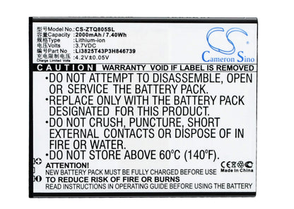 3.7V, 2000mAh, Li-ion Battery fits Zte, Q805t, 7.4Wh