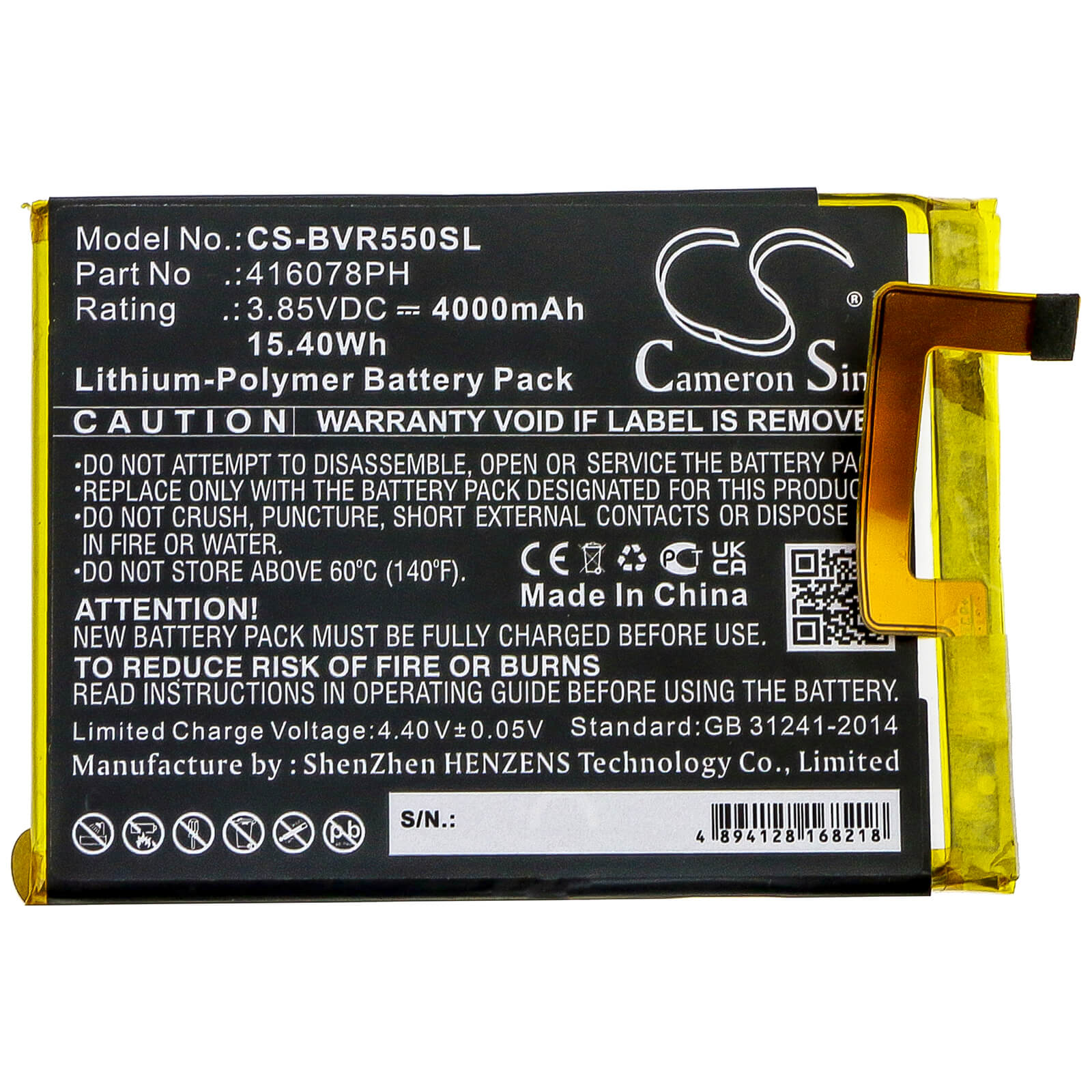 3.85V, 4000mAh, Li-Polymer Battery fits Blackview, Bv5500, 15.4Wh
