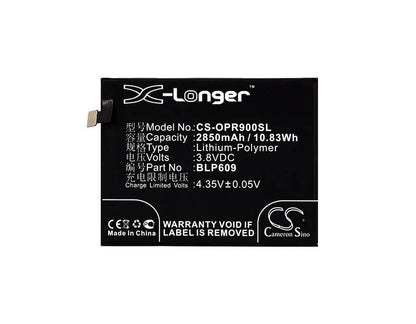 3.8V, 2850mAh, Li-Polymer Battery fits Oppo, F1 Plus, R9, 10.83Wh