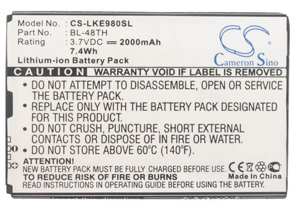 3.7V, 2000mAh, Li-ion Battery fits Lg, E940, E977, 7.4Wh