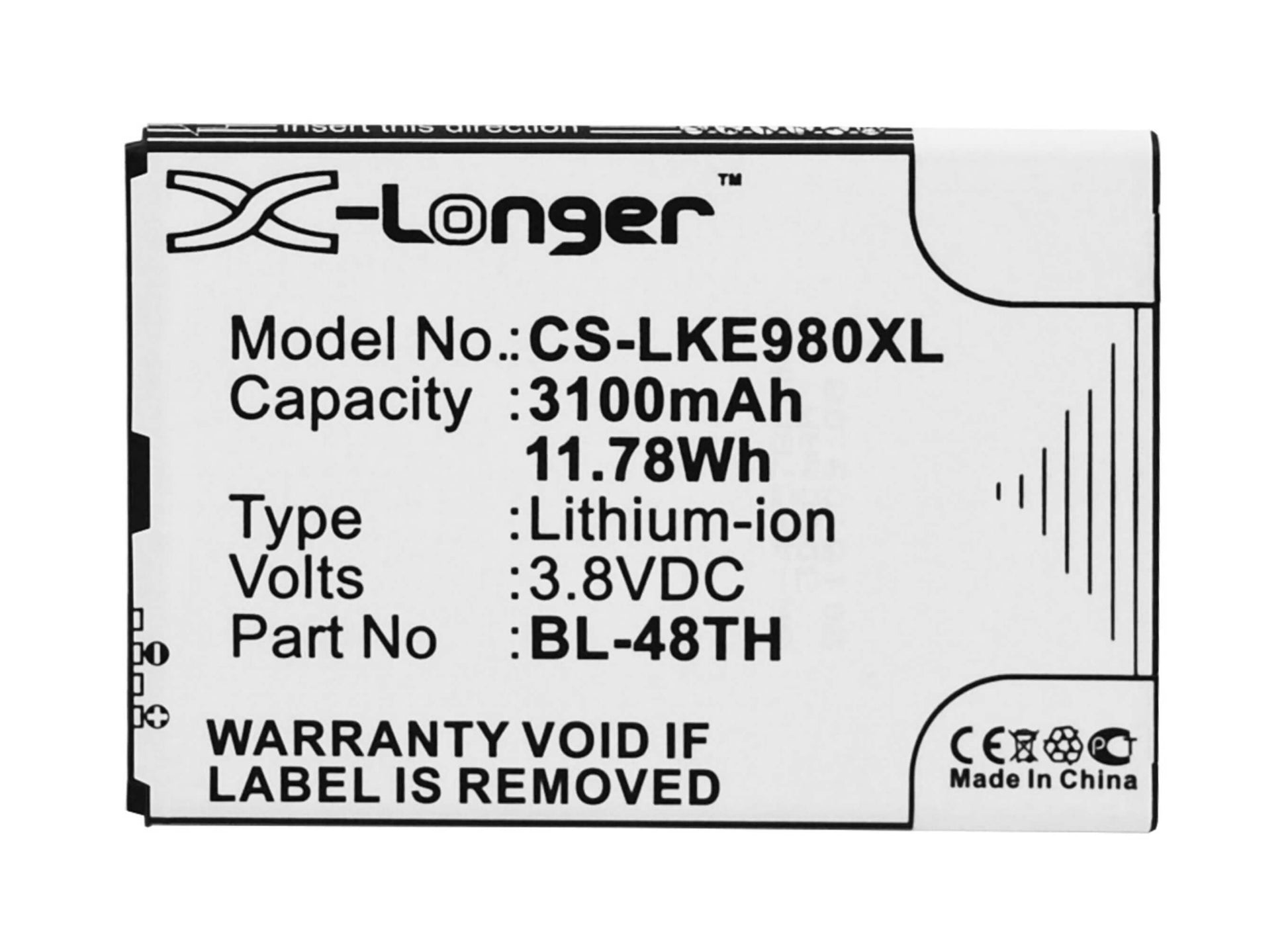 3.8V, 3100mAh, Li-ion Battery fits Lg, E940, E977, 11.78Wh