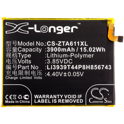 3.85V, 3900mAh, Li-Polymer Battery fits Zte, Blade A6 Max, 15.015Wh