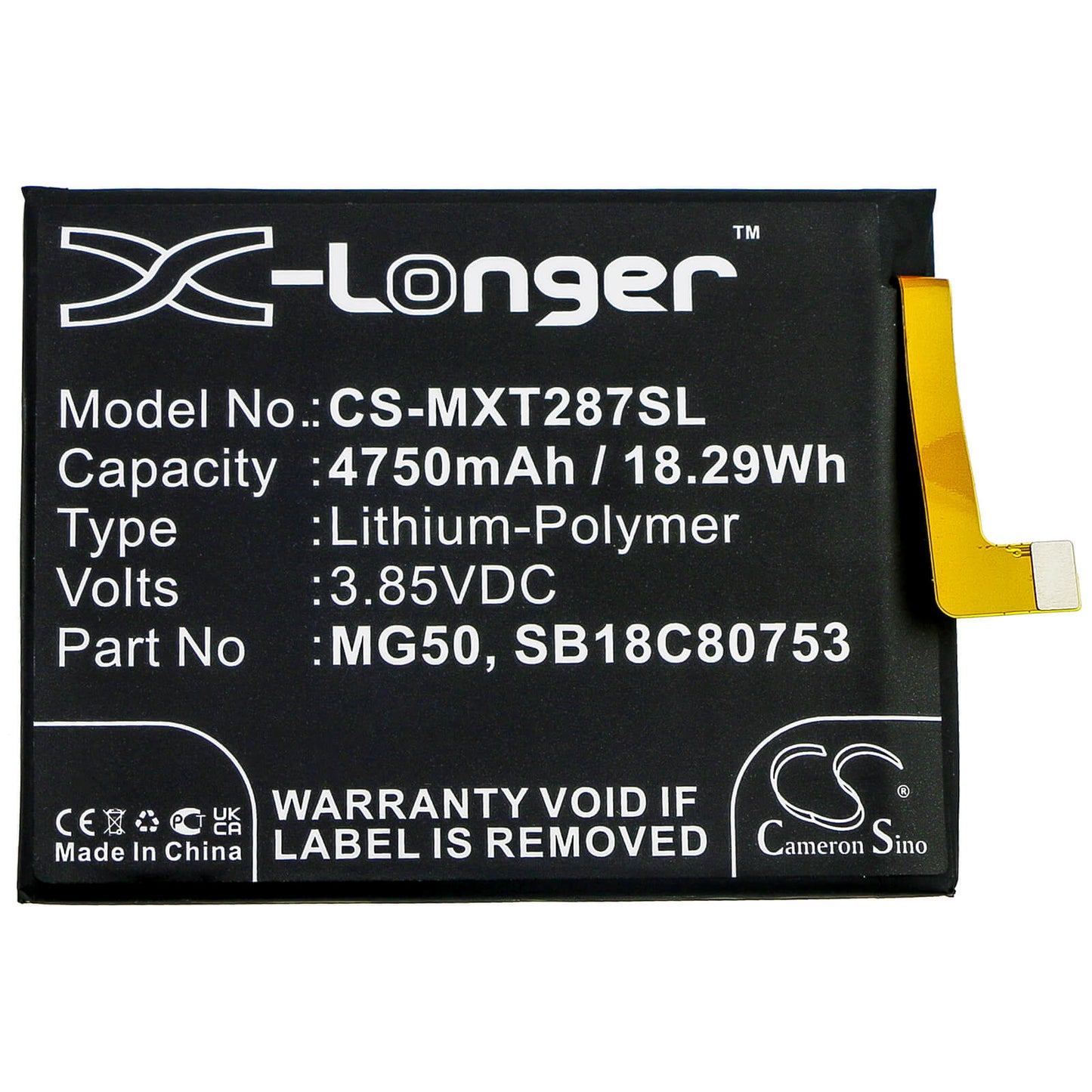 3.85V, 4750mAh, Li-Polymer Battery fits Motorola, Moto G9 Plus, Xt2087-1, 18.2875Wh
