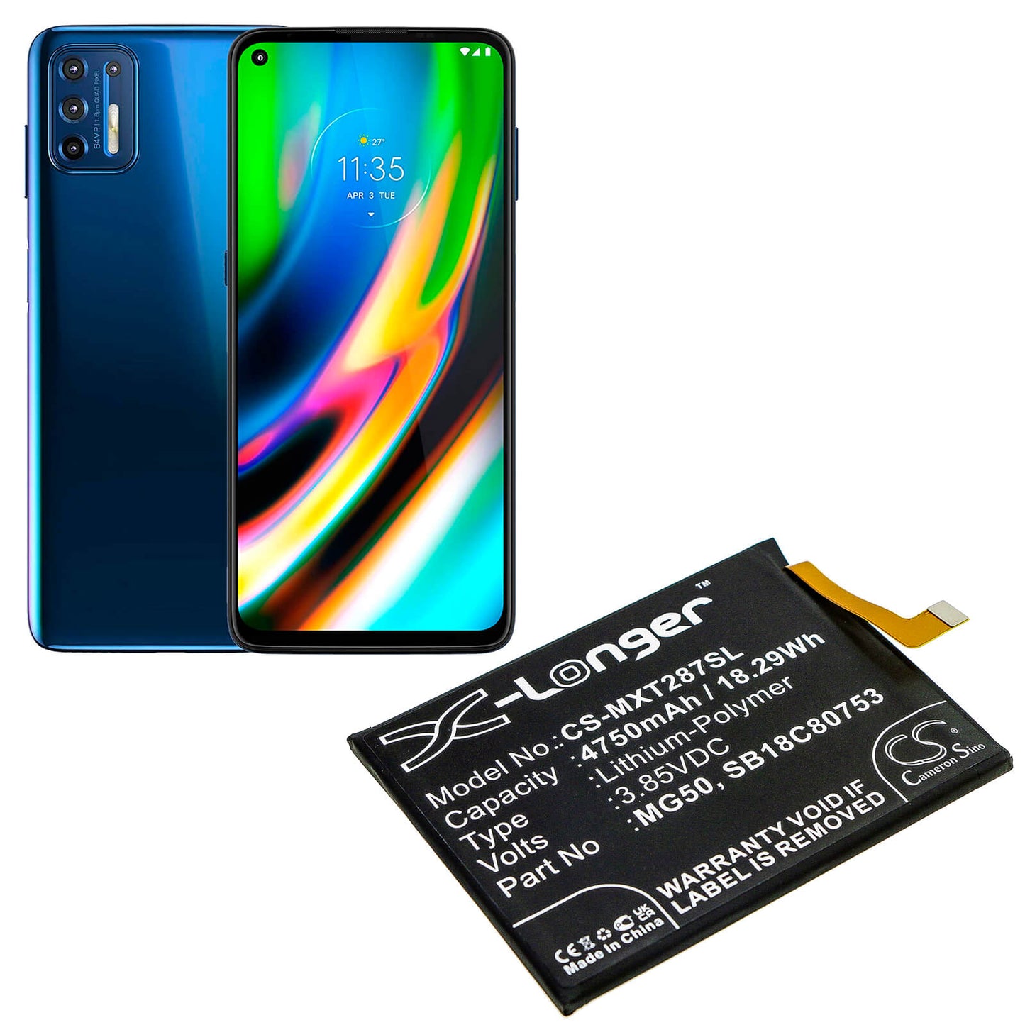 3.85V, 4750mAh, Li-Polymer Battery fits Motorola, Moto G9 Plus, Xt2087-1, 18.2875Wh