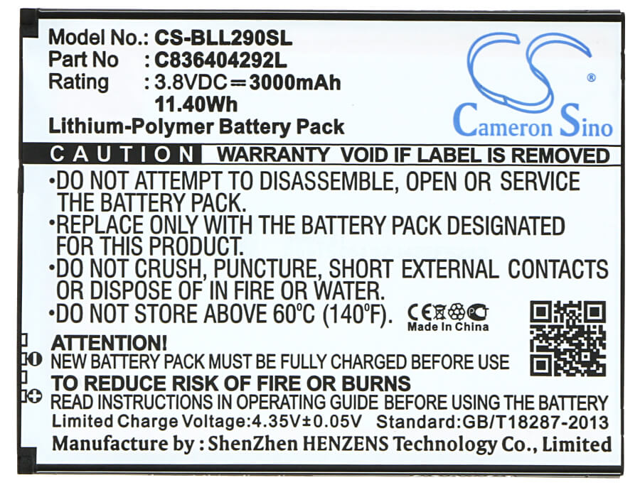 3.8V, 3000mAh, Li-Polymer Battery fits Blu, L290u, Life 8 Xl, 11.4Wh