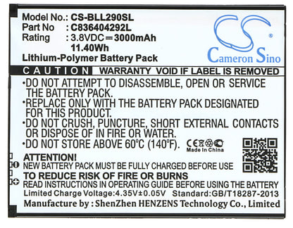 3.8V, 3000mAh, Li-Polymer Battery fits Blu, L290u, Life 8 Xl, 11.4Wh