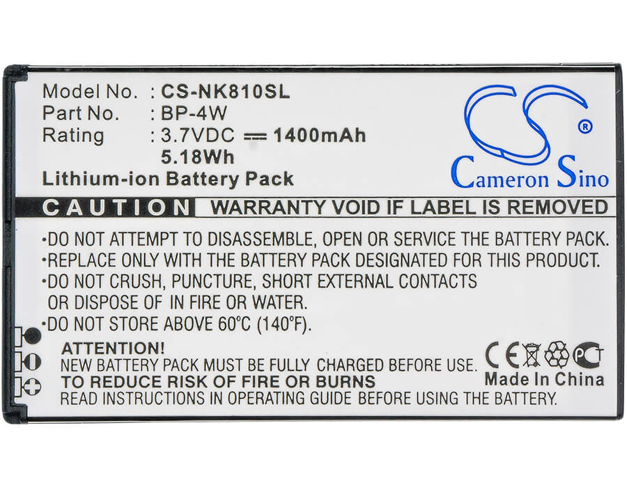3.7V, 1400mAh, Li-ion Battery fits Nokia, Lumia 810, Lumia 822, 5.18Wh