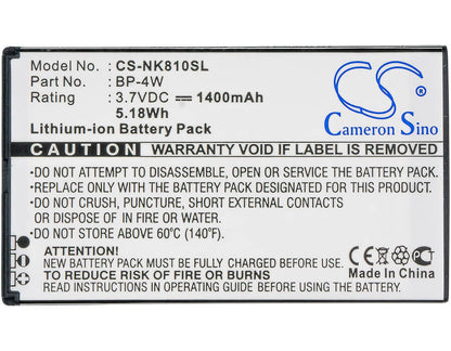 3.7V, 1400mAh, Li-ion Battery fits Nokia, Lumia 810, Lumia 822, 5.18Wh