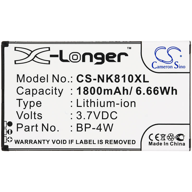 3.7V, 1800mAh, Li-ion Battery fits Nokia, Lumia 810, Lumia 822, 6.66Wh