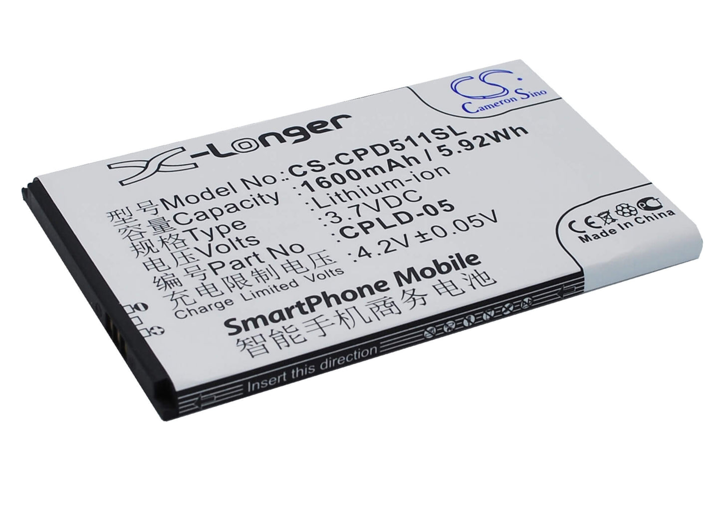 3.7V, 1600mAh, Li-ion Battery fits Coolpad, 5110, 8022, 5.92Wh