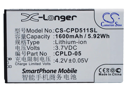 3.7V, 1600mAh, Li-ion Battery fits Coolpad, 5110, 8022, 5.92Wh