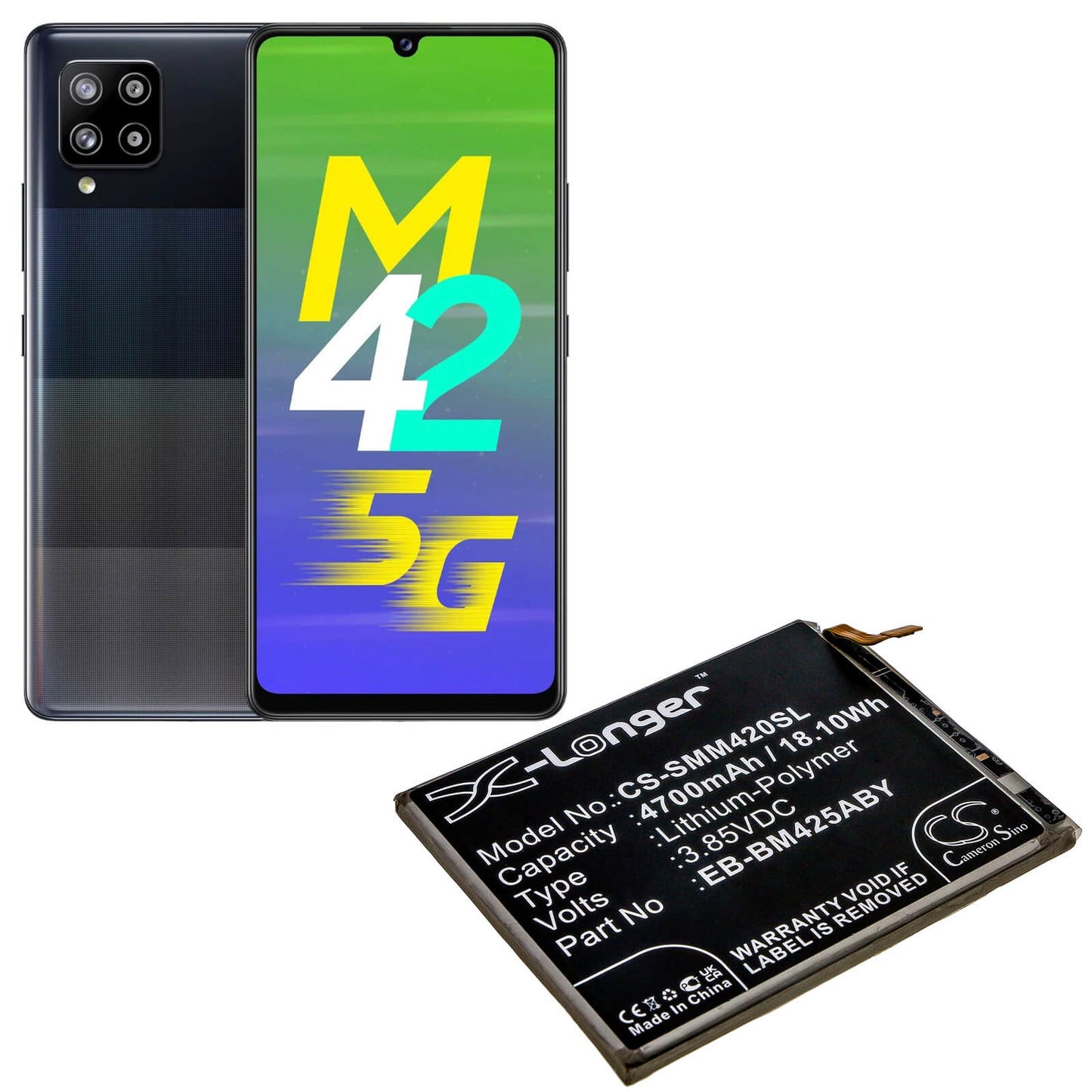 3.85V, 4700mAh, Li-Polymer Battery fits Samsung, Galaxy M42, 18.095Wh