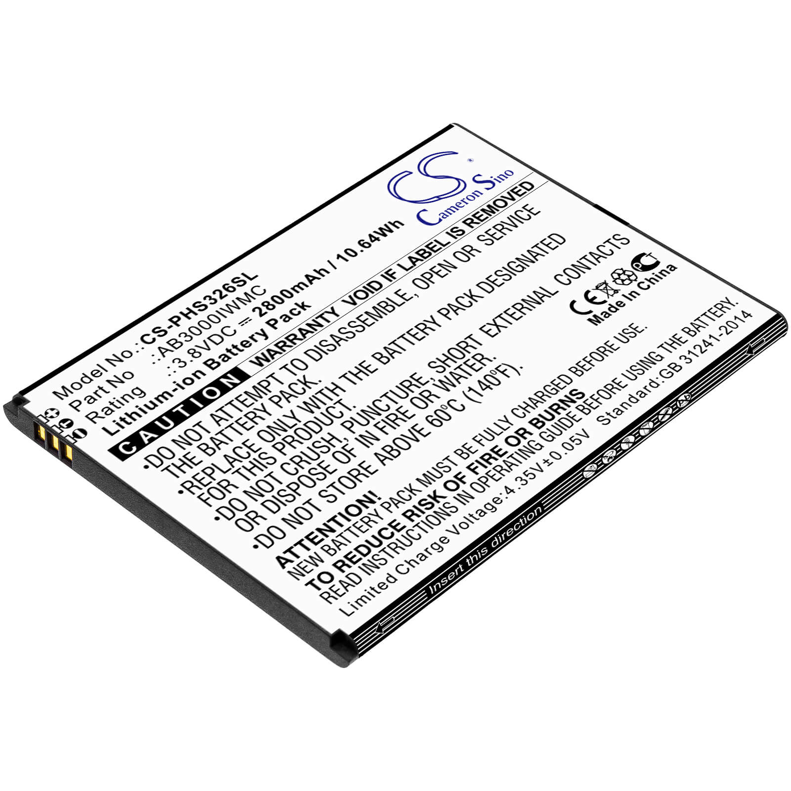 3.8V, 2800mAh, Li-ion Battery fits Philips, Cts326, Xenium S326, 10.64Wh