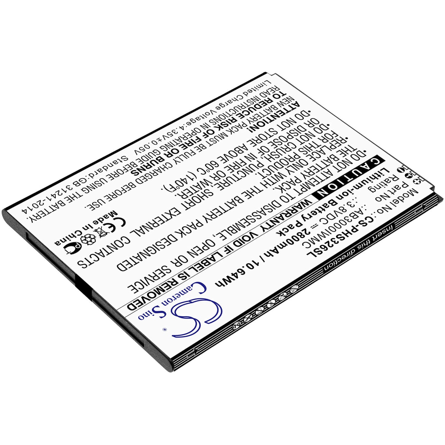 3.8V, 2800mAh, Li-ion Battery fits Philips, Cts326, Xenium S326, 10.64Wh
