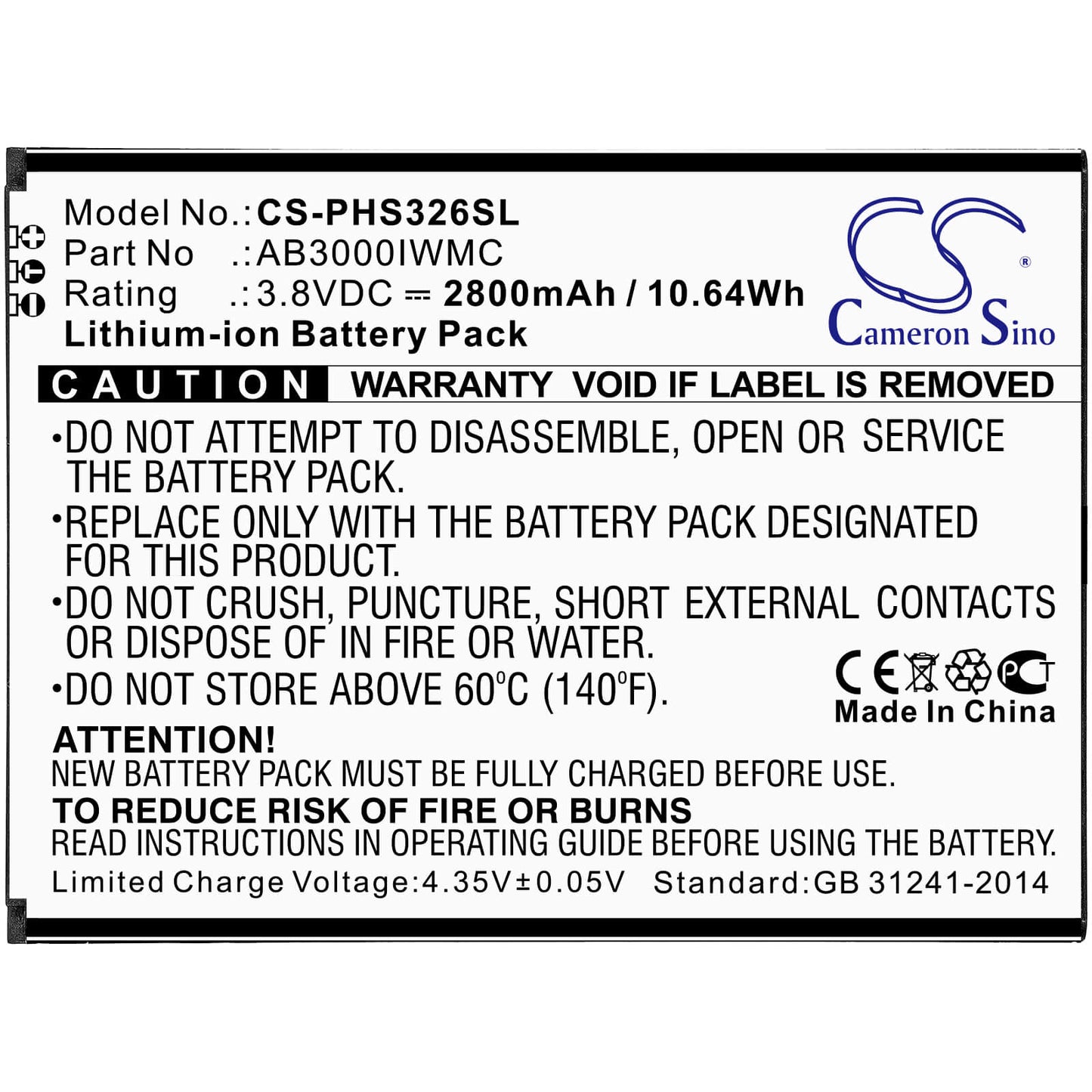 3.8V, 2800mAh, Li-ion Battery fits Philips, Cts326, Xenium S326, 10.64Wh