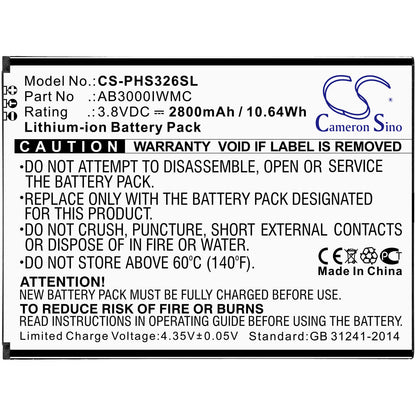 3.8V, 2800mAh, Li-ion Battery fits Philips, Cts326, Xenium S326, 10.64Wh
