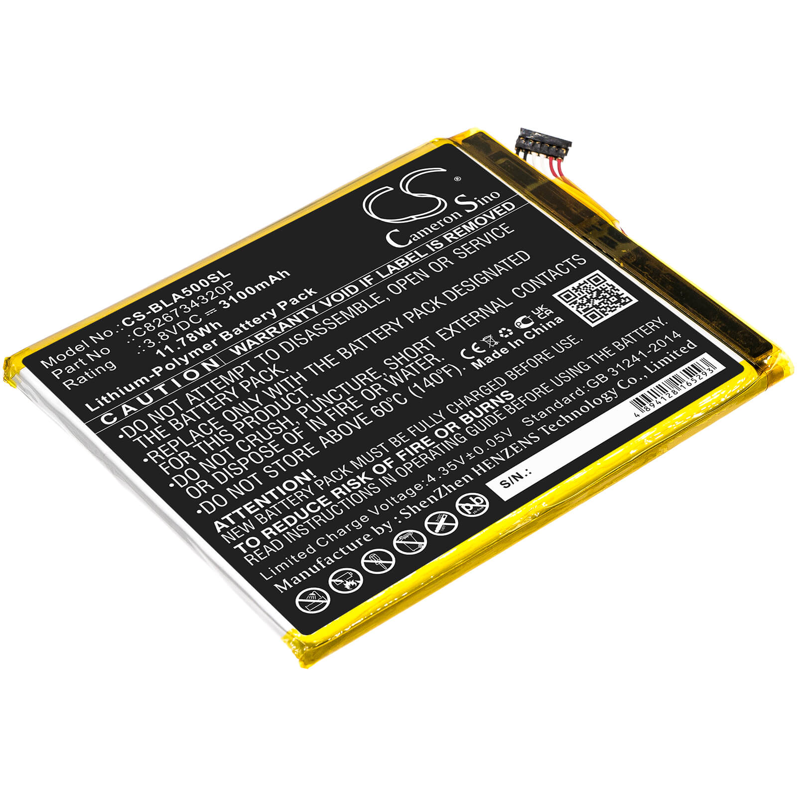 3.8V, 3100mAh, Li-Polymer Battery fits Blu, A0031ww, Advance A5 Plus Lte, 11.78Wh