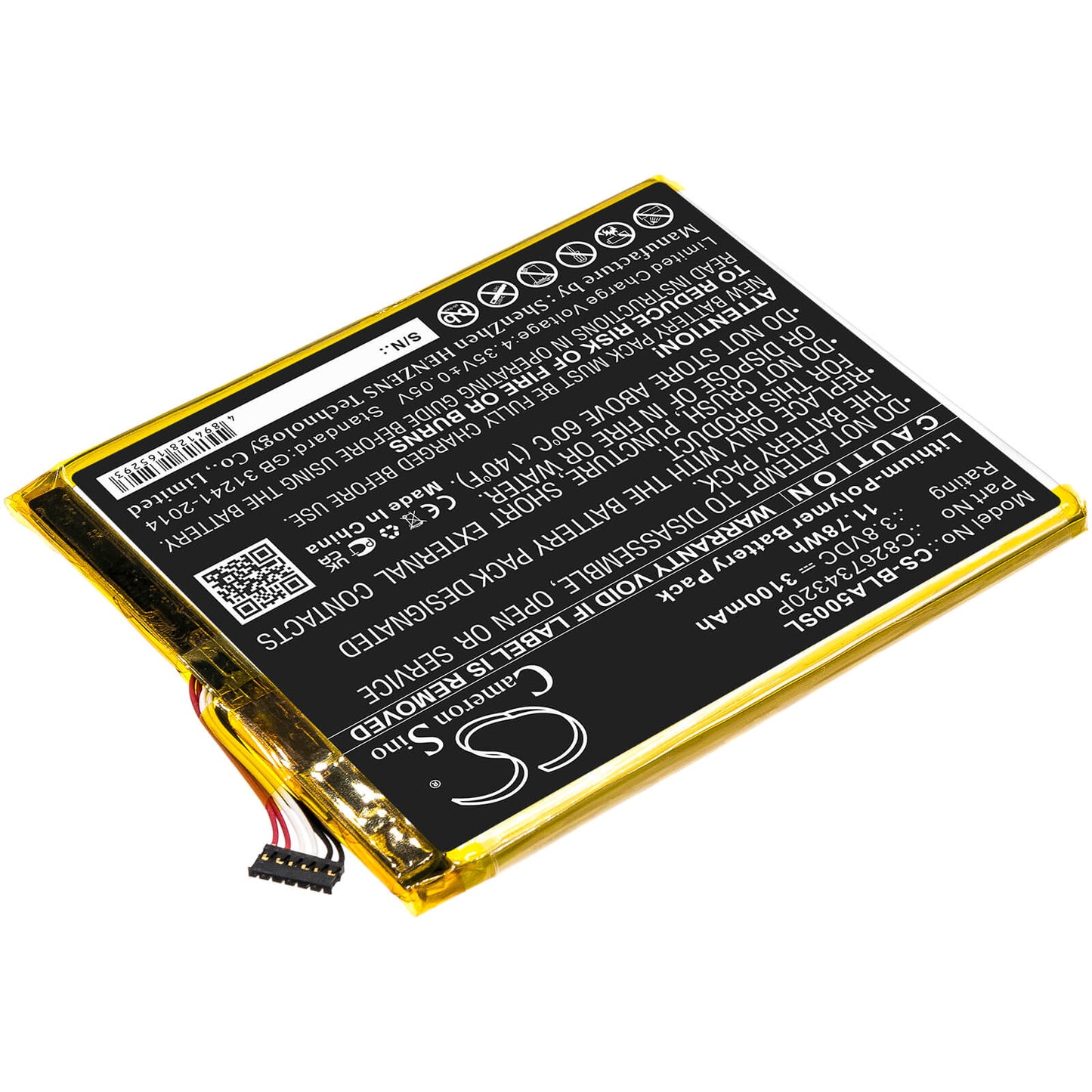 3.8V, 3100mAh, Li-Polymer Battery fits Blu, A0031ww, Advance A5 Plus Lte, 11.78Wh