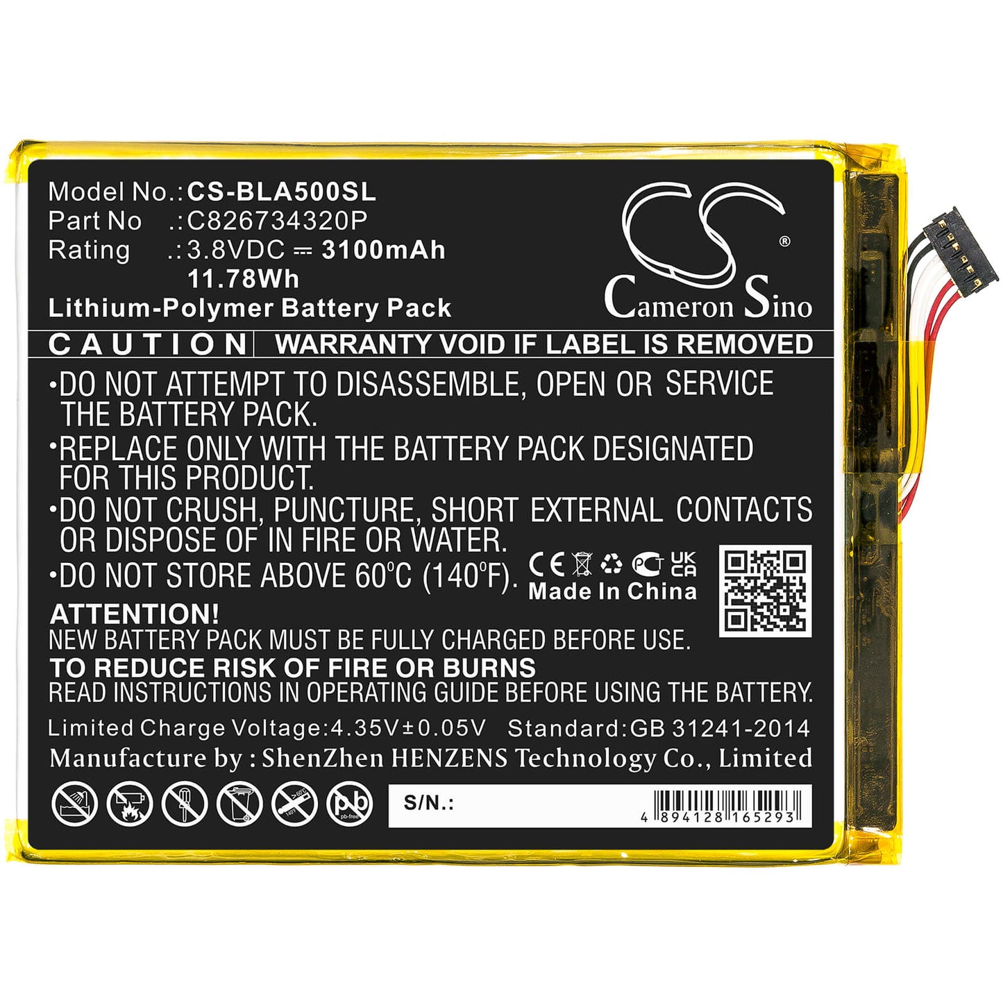 3.8V, 3100mAh, Li-Polymer Battery fits Blu, A0031ww, Advance A5 Plus Lte, 11.78Wh