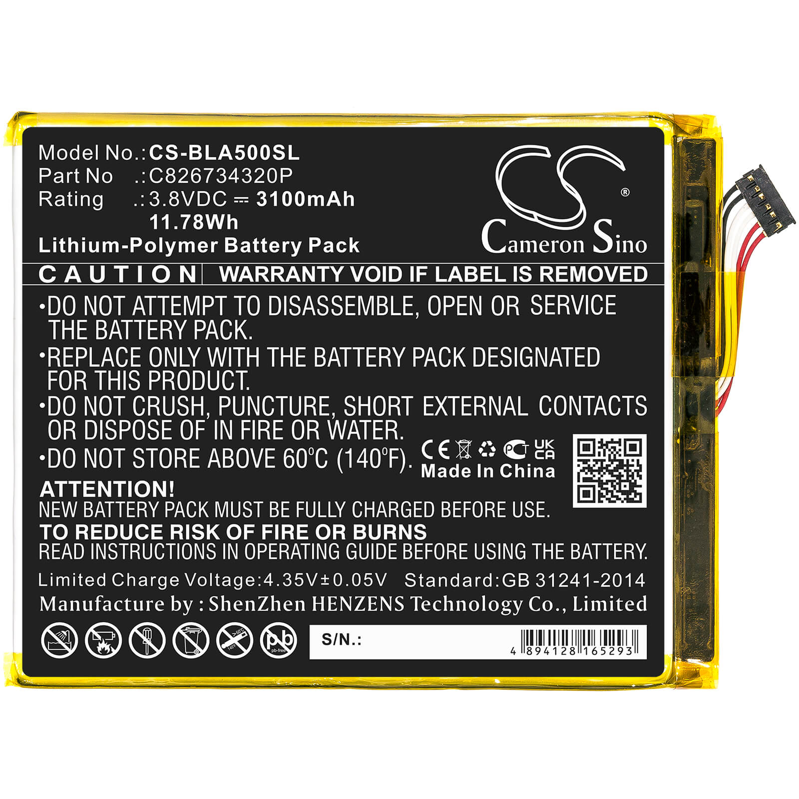 3.8V, 3100mAh, Li-Polymer Battery fits Blu, A0031ww, Advance A5 Plus Lte, 11.78Wh
