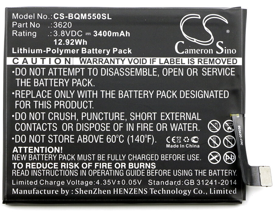 3.8V, 3400mAh, Li-Polymer Battery fits Bq, Aquaris M5.5, 12.92Wh