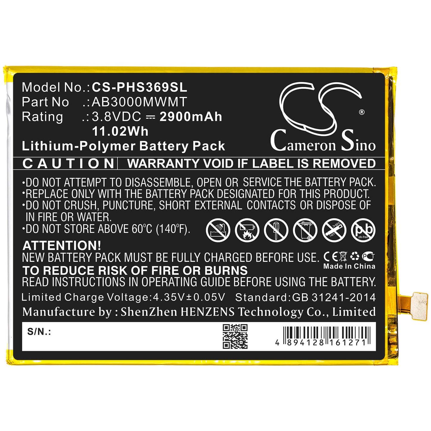 3.8V, 2900mAh, Li-Polymer Battery fits Philips, Xenium S369, 11.02Wh