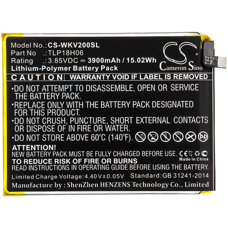 3.85V, 3900mAh, Li-Polymer Battery fits Wiko, M2354, View2 Go, 15.015Wh