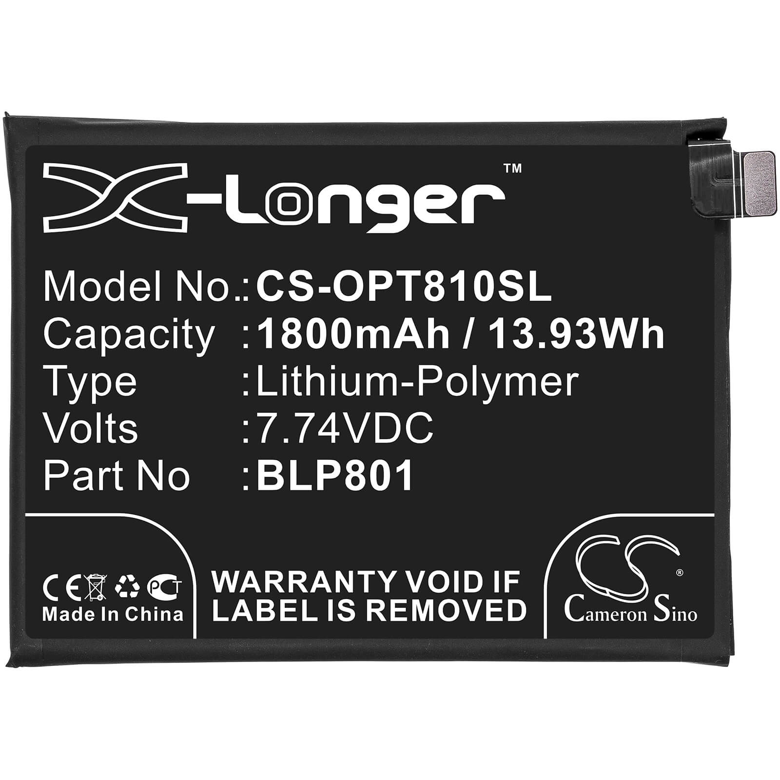 7.74V, 1800mAh, Li-Polymer Battery fits Oneplus, 8t+ 5g, Kb2003, 13.932Wh