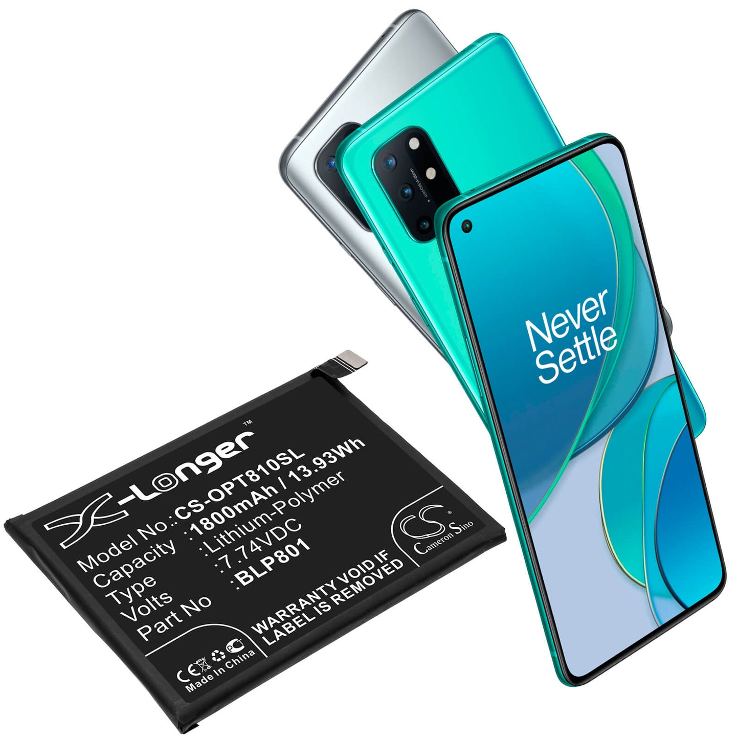 7.74V, 1800mAh, Li-Polymer Battery fits Oneplus, 8t+ 5g, Kb2003, 13.932Wh