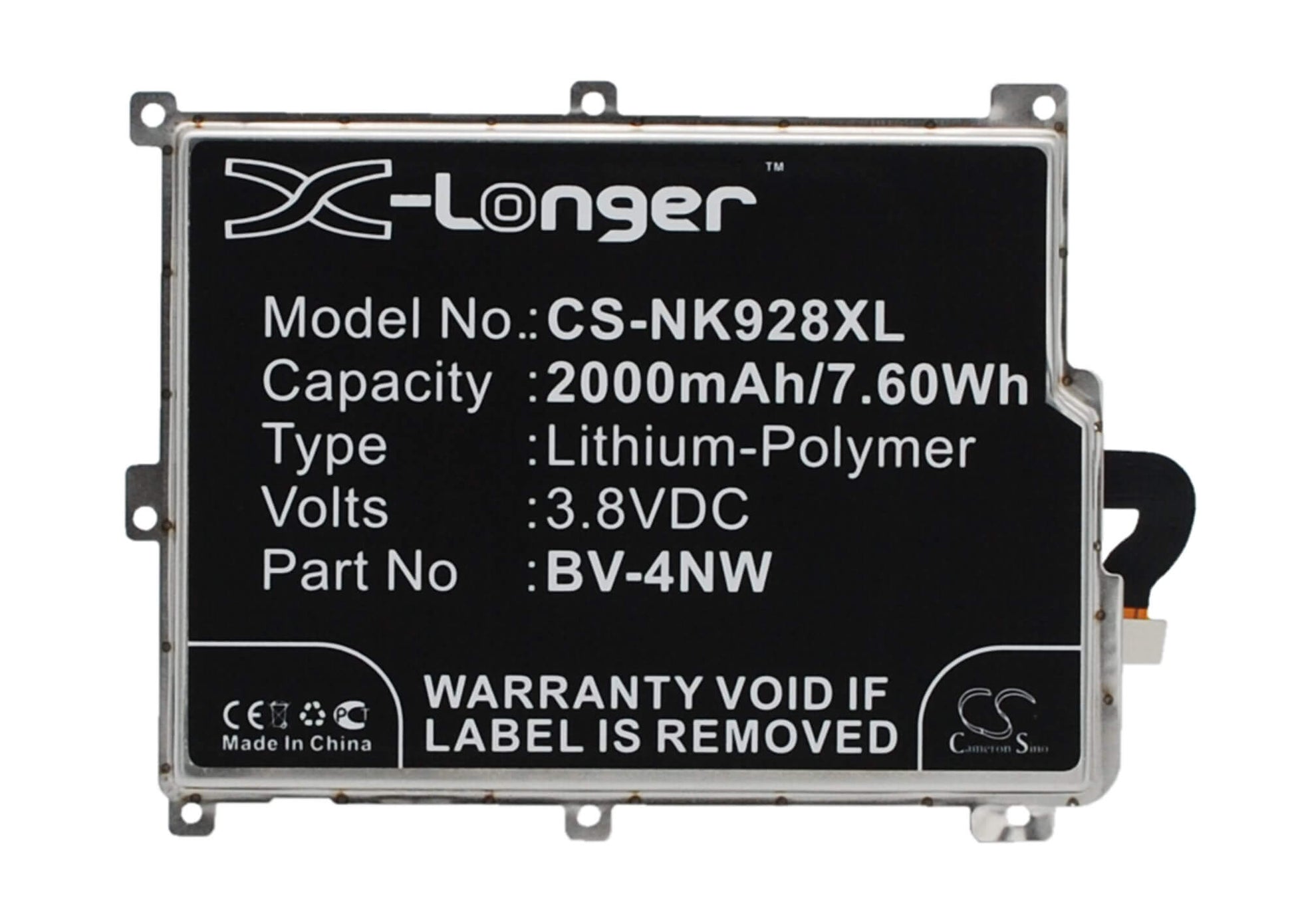 3.8V, 2000mAh, Li-Polymer Battery fits Microsoft, Lumia 928, Rm5250, 7.6Wh