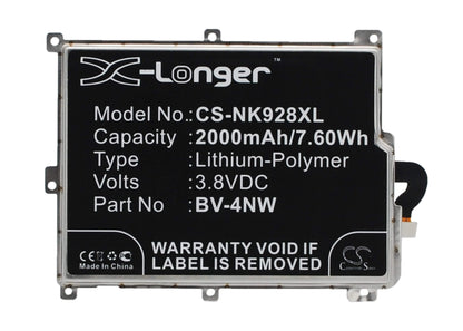 3.8V, 2000mAh, Li-Polymer Battery fits Microsoft, Lumia 928, Rm5250, 7.6Wh