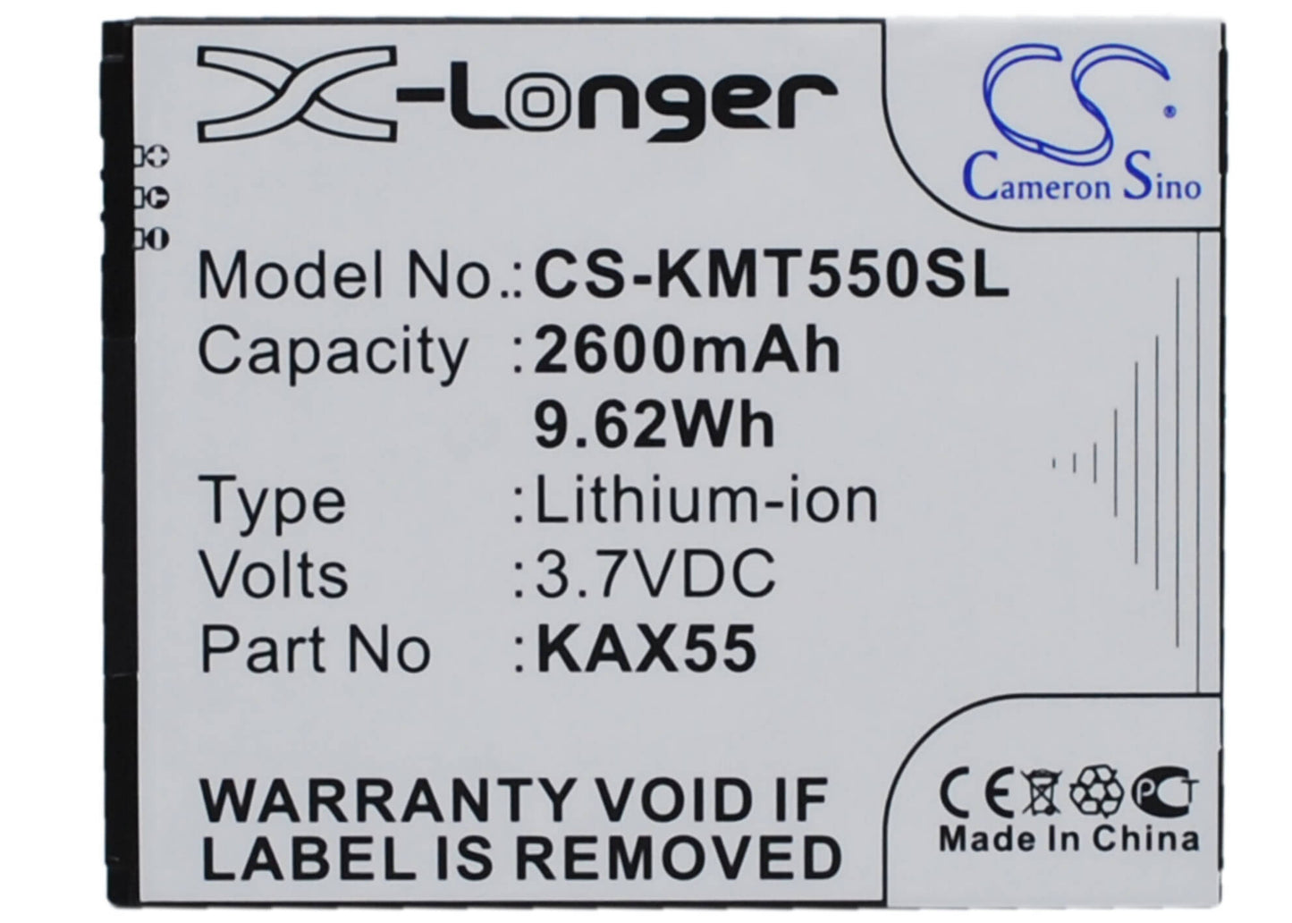 3.7V, 2600mAh, Li-ion Battery fits Kazam, Trooper X5.5, 9.62Wh