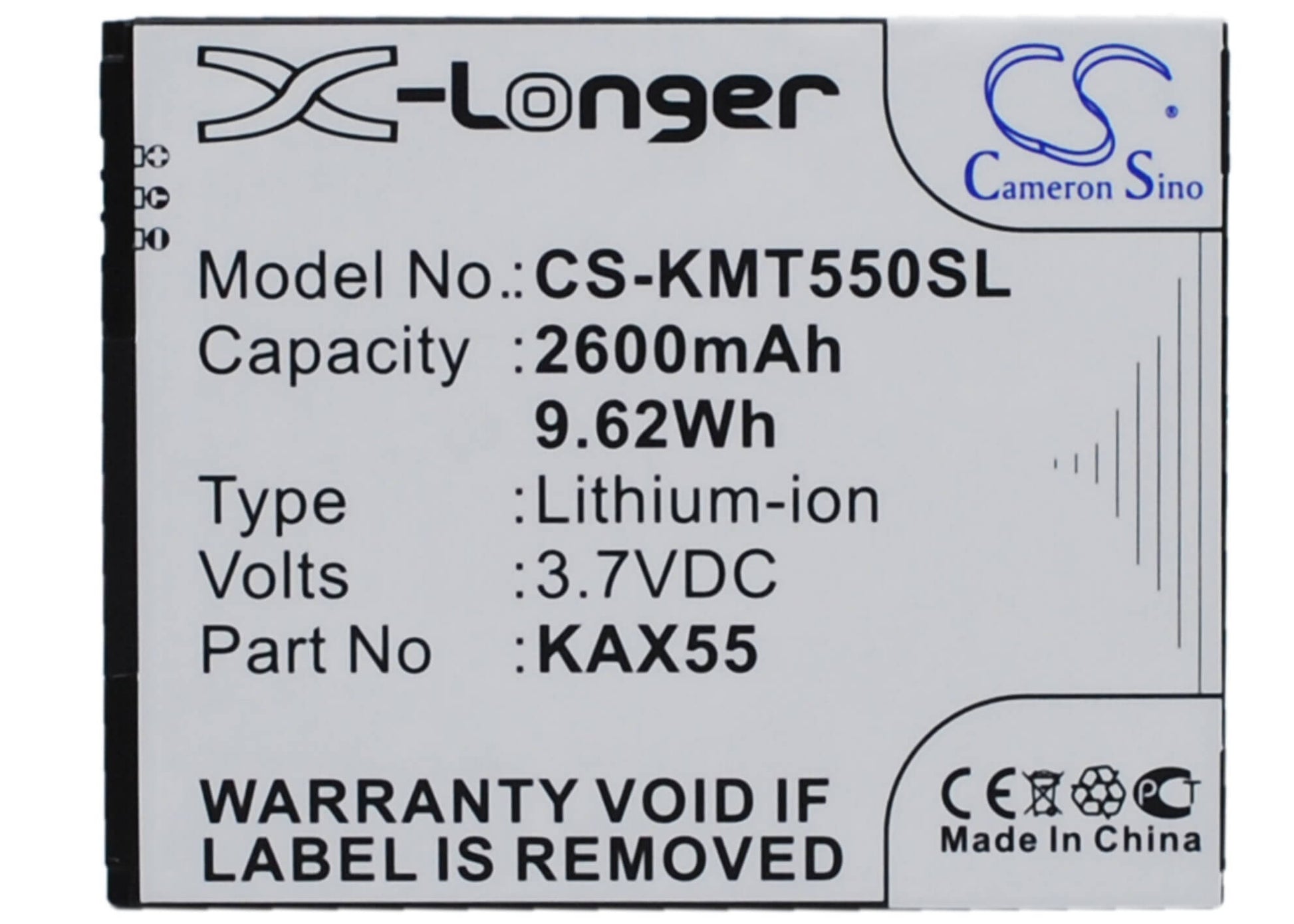 3.7V, 2600mAh, Li-ion Battery fits Kazam, Trooper X5.5, 9.62Wh