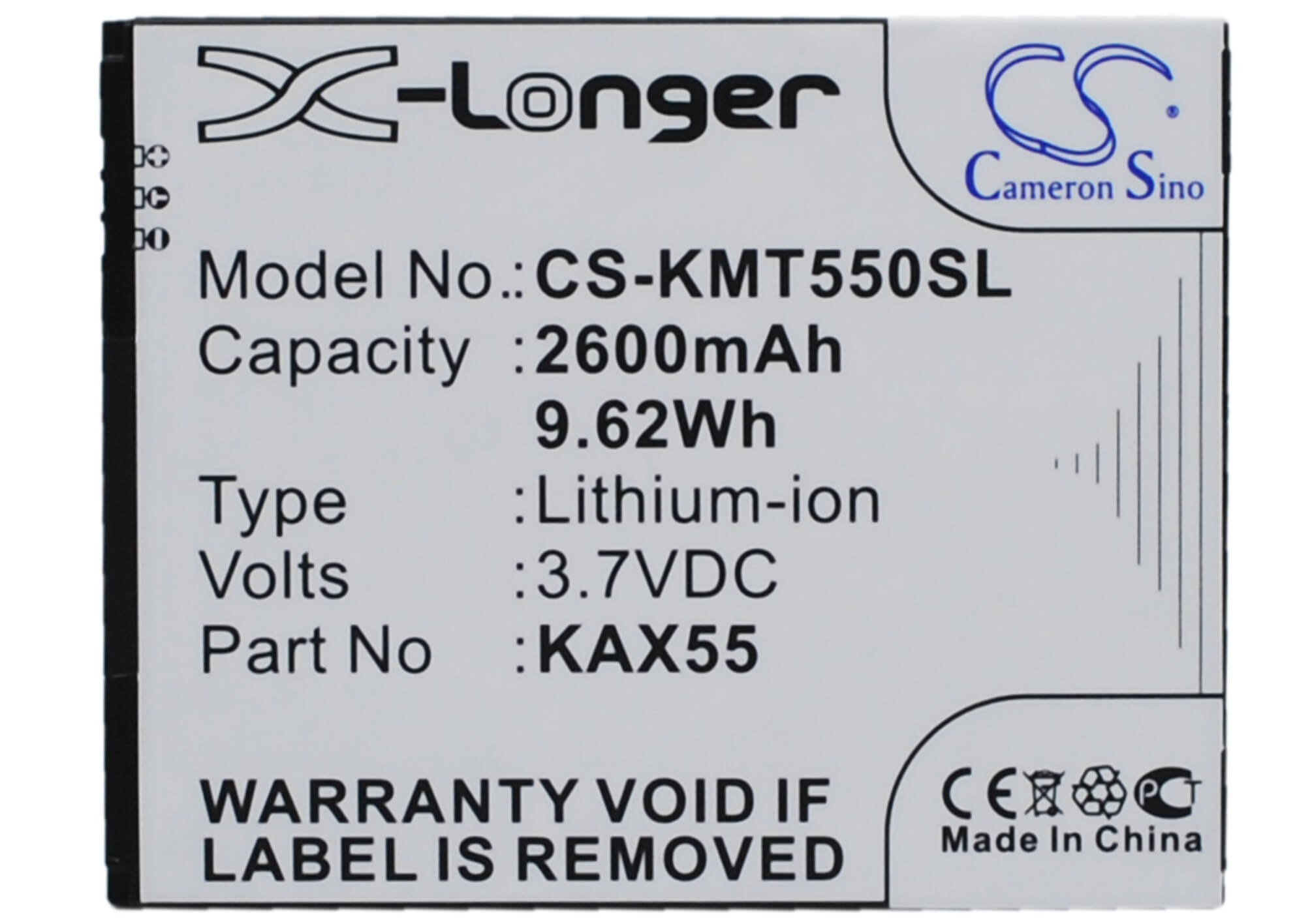 3.7V, 2600mAh, Li-ion Battery fits Kazam, Trooper X5.5, 9.62Wh