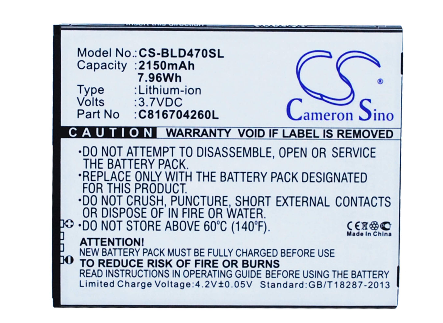 3.7V, 2150mAh, Li-ion Battery fits Blu, D470, D470l, 7.955Wh