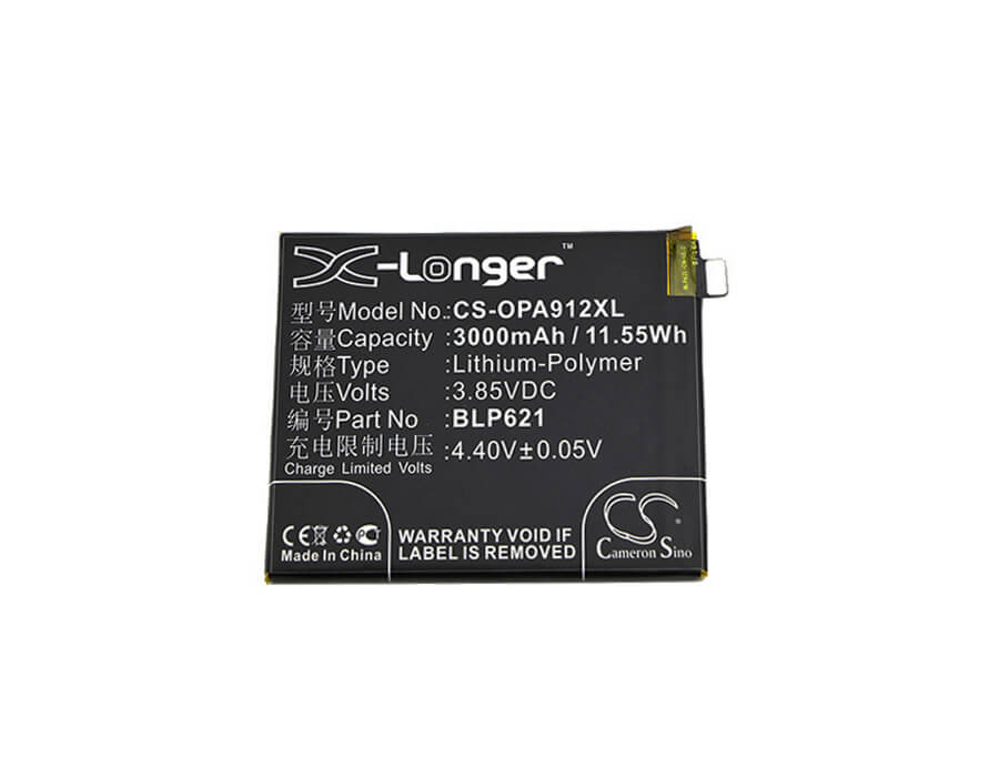 3.85V, 3000mAh, Li-Polymer Battery fits Oppo, Cph1607, R9s, 11.55Wh