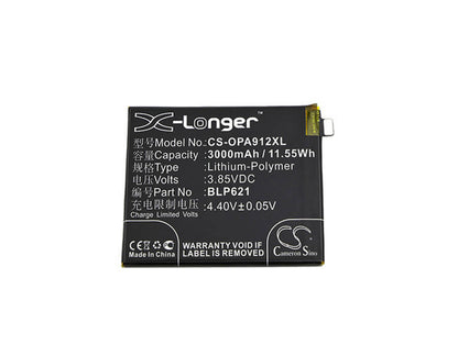 3.85V, 3000mAh, Li-Polymer Battery fits Oppo, Cph1607, R9s, 11.55Wh