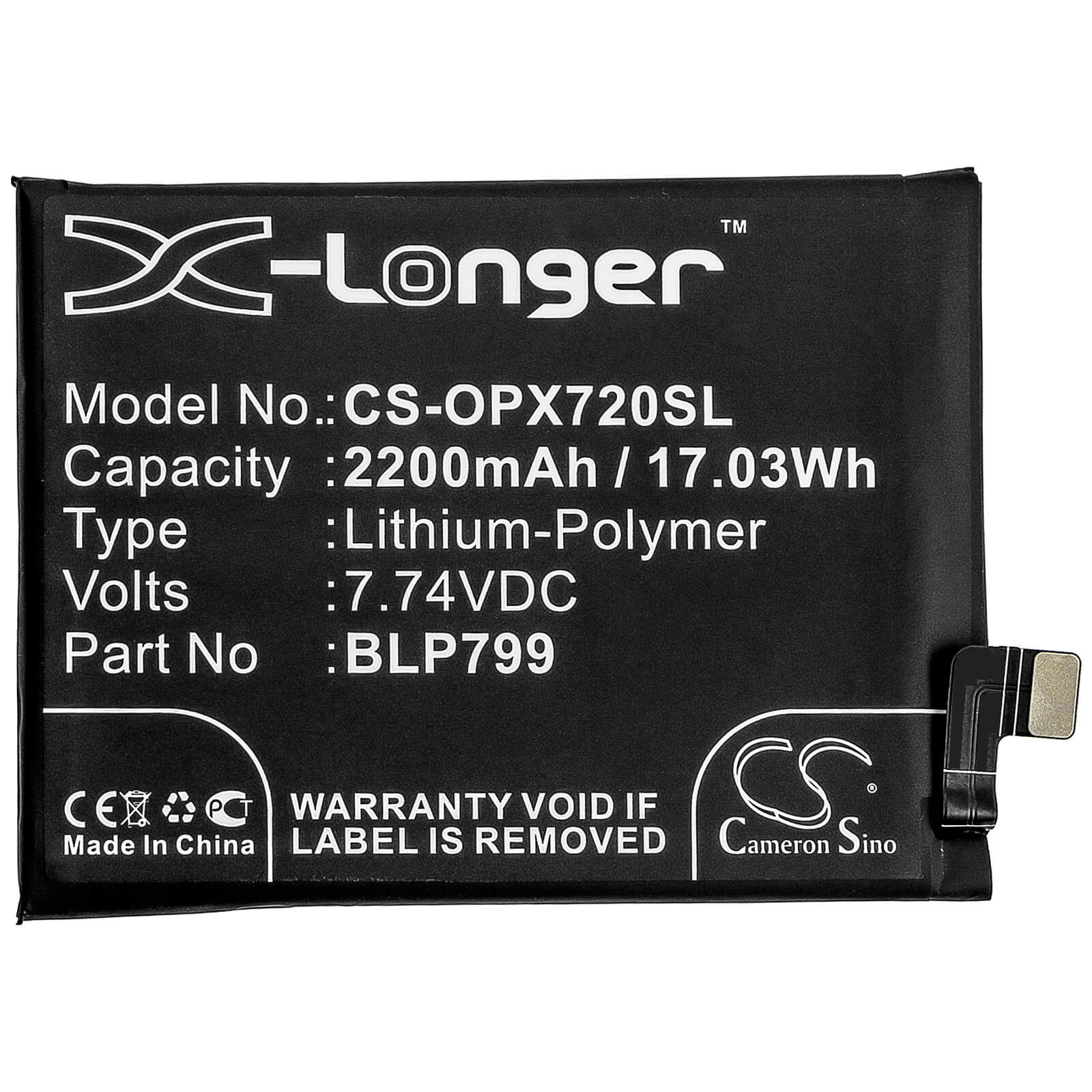 7.74V, 2200mAh, Li-Polymer Battery fits Oppo, R2121, Realme X7 Pro 5g, 17.028Wh
