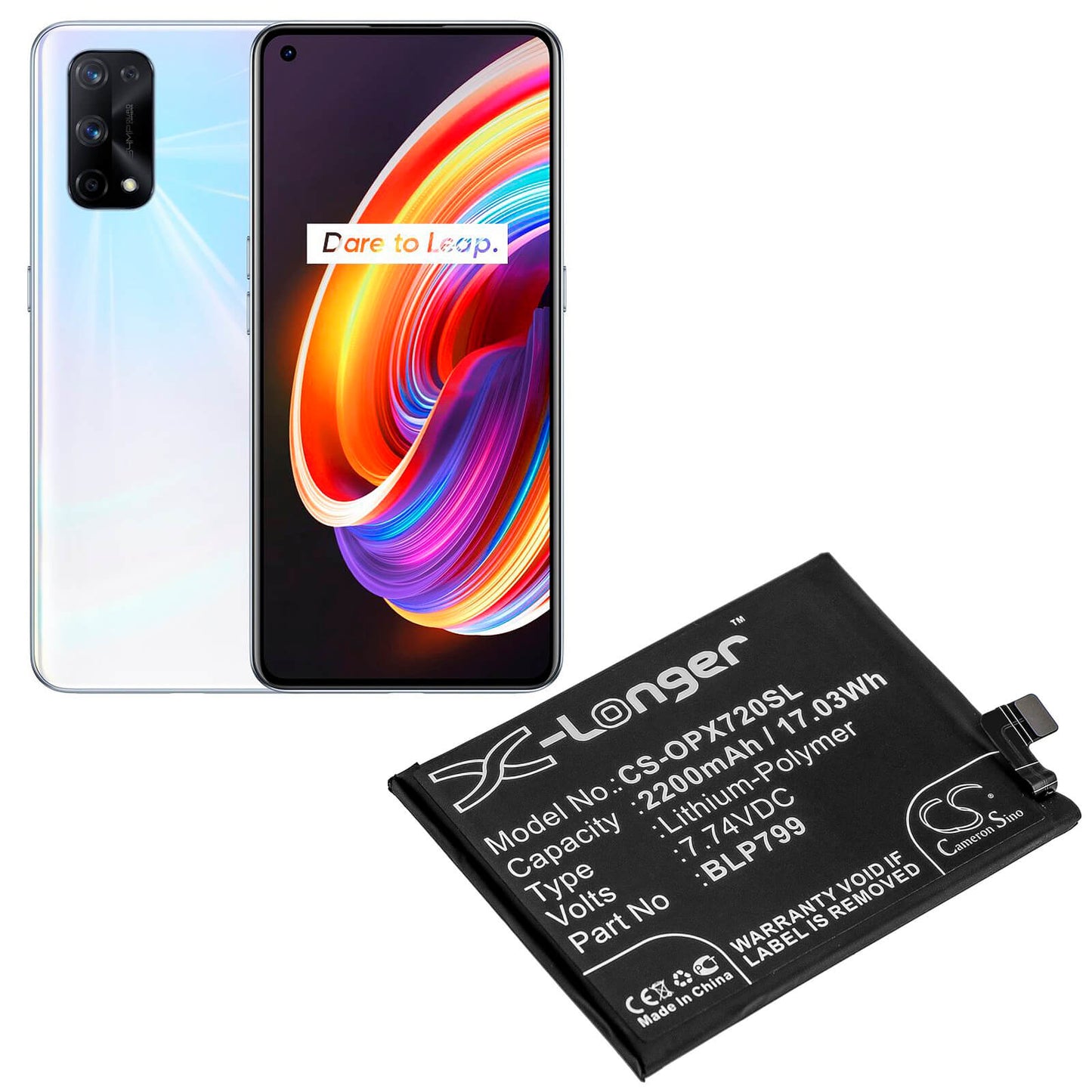 7.74V, 2200mAh, Li-Polymer Battery fits Oppo, R2121, Realme X7 Pro 5g, 17.028Wh