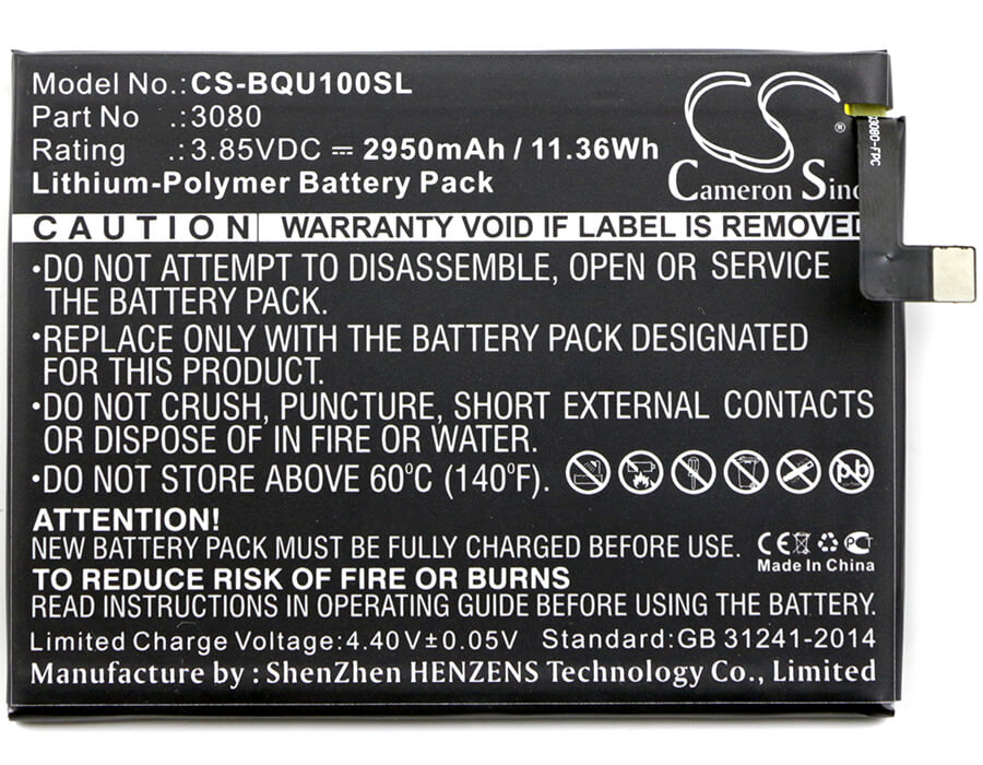 3.85V, 2950mAh, Li-Polymer Battery fits Bq, Aquaris U, U Lite, 11.3575Wh