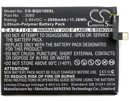 3.85V, 2950mAh, Li-Polymer Battery fits Bq, Aquaris U, U Lite, 11.3575Wh