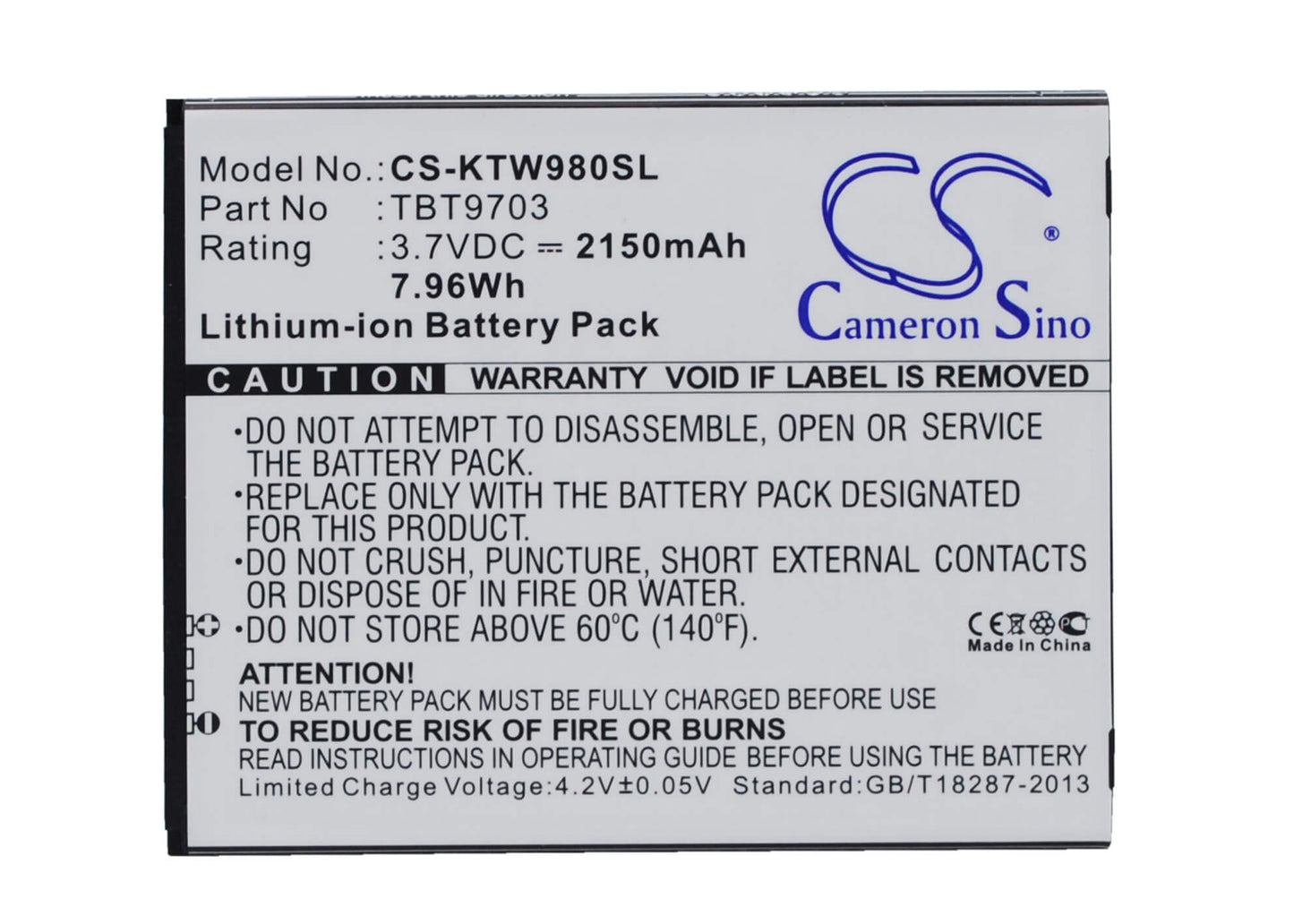 3.7V, 2150mAh, Li-ion Battery fits K-touch, Kis 3, Kis 3w, 7.955Wh