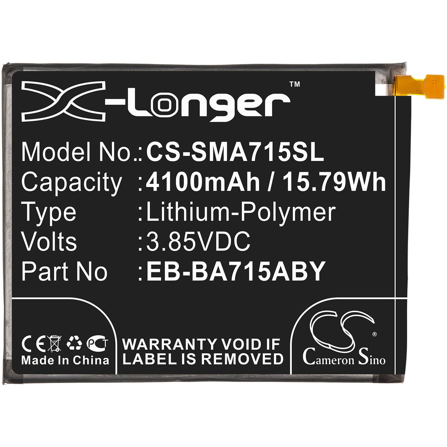 3.85V, 4100mAh, Li-Polymer Battery fits Samsung, Galaxy A71, Sm-a715f, 15.785Wh