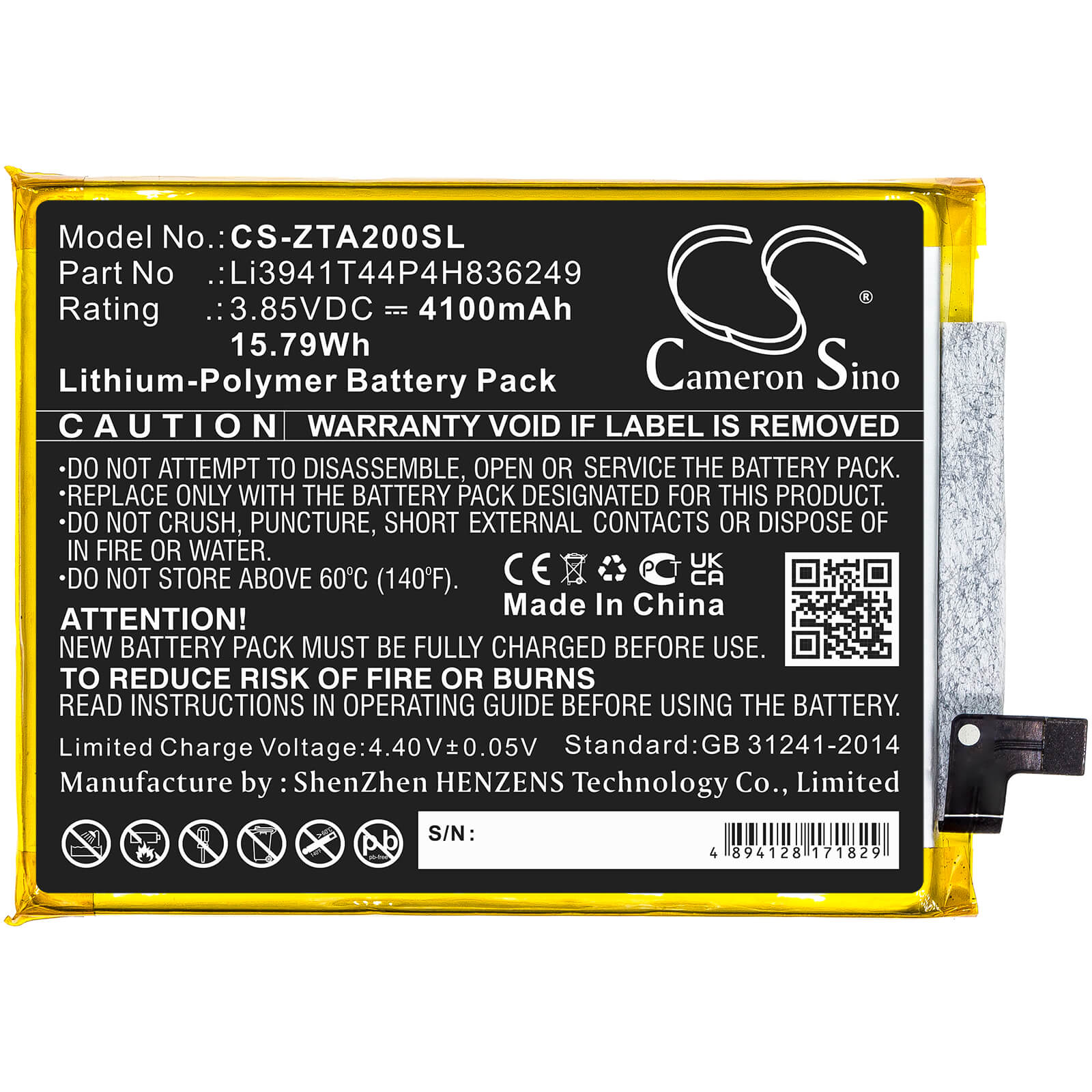 3.85V, 4100mAh, Li-Polymer Battery fits Zte, A2121, A2121g, 15.785Wh