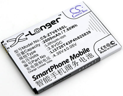 3.8V, 2000mAh, Li-ion Battery fits Zte, Blade Q Maxi, 7.6Wh