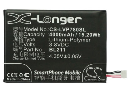 3.8V, 4000mAh, Li-Polymer Battery fits Lenovo, P780, 15.2Wh