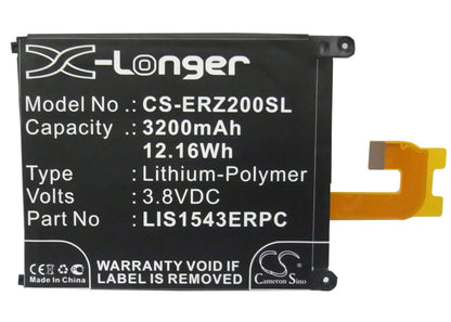 3.8V, 3200mAh, Li-Polymer Battery fits Sony Ericsson, D6502, D6503, 12.16Wh