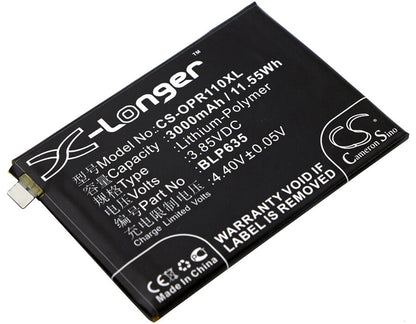 3.85V, 3000mAh, Li-Polymer Battery fits Oppo, R11, 11.55Wh