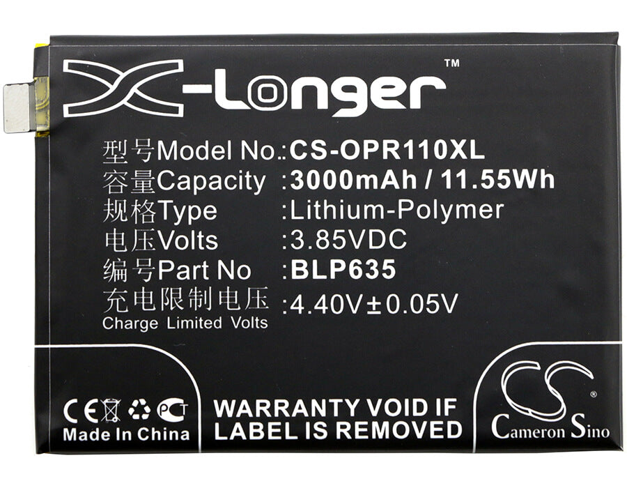 3.85V, 3000mAh, Li-Polymer Battery fits Oppo, R11, 11.55Wh